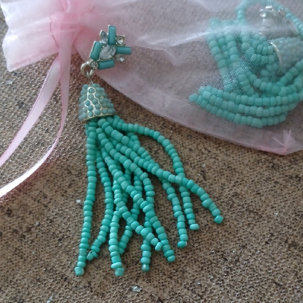 Elegant Turquoise Beaded Tassel Earrings